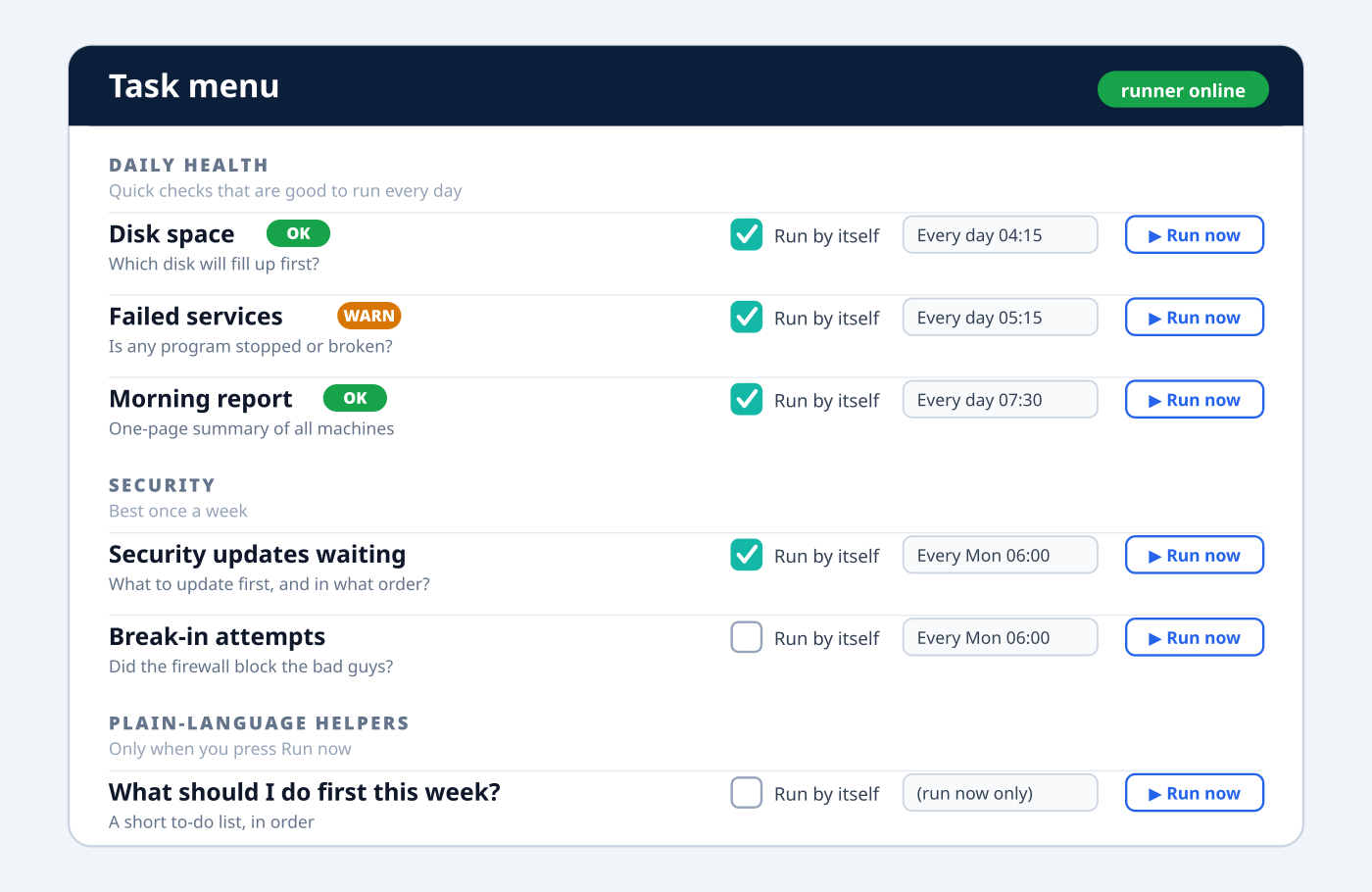 Mock-up of the task menu with tick boxes, schedules and Run now buttons